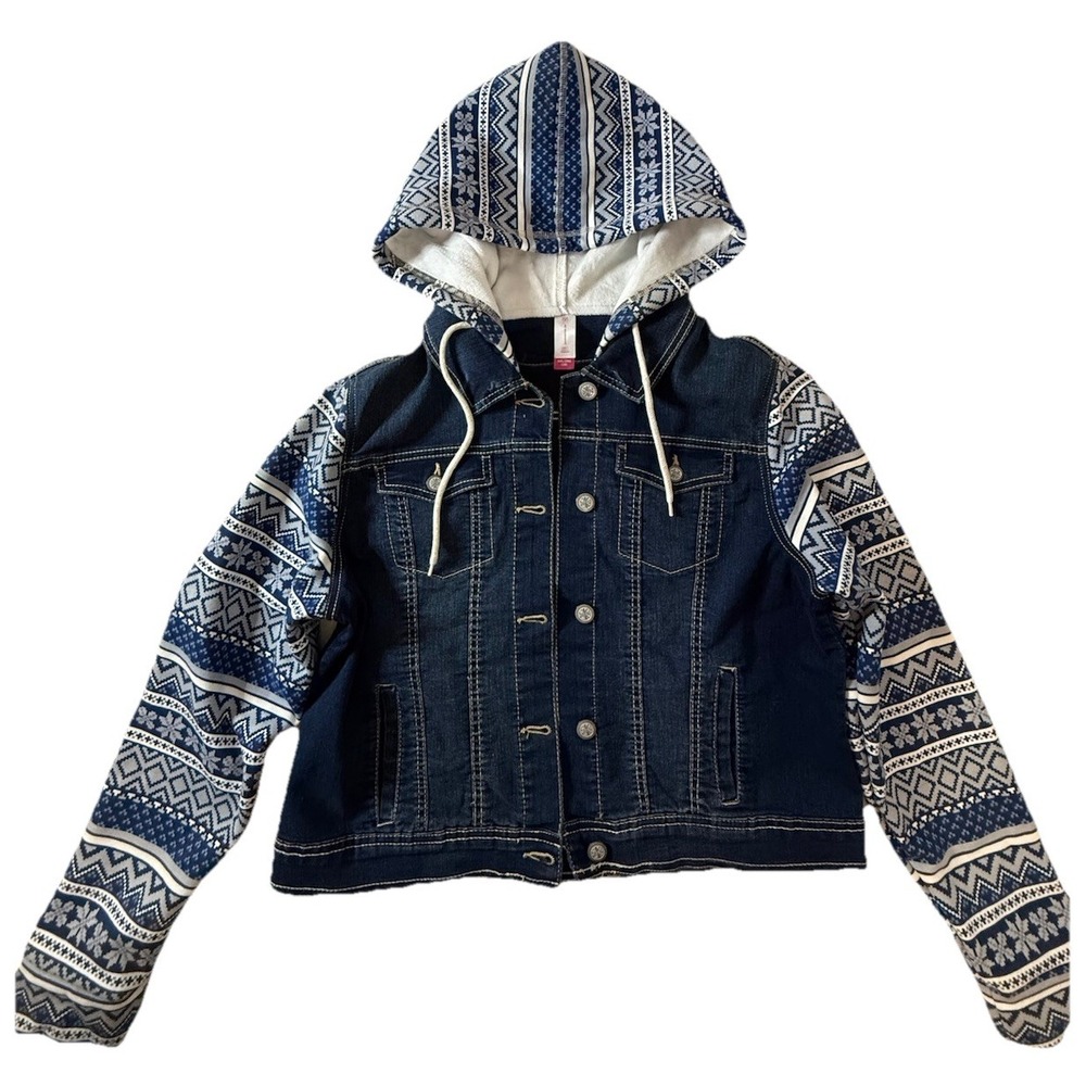No Boundaries Denim Hooded Jacket XXL Blue Fair Isle Knit Sleeves Mixed Media
